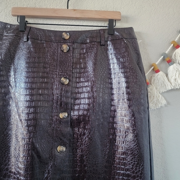 Rachel Comey Faux Leather Croc Chocolate Brown Button Down Midi Aline Skirt 16 - Picture 5 of 12
